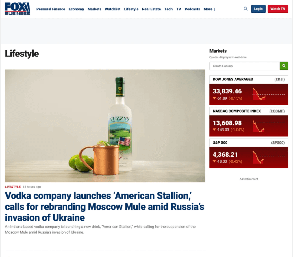 FOX BUSINESS headline about Fuzzy's Vodka that reads: Vodka Company launches "American Stallion", calls for rebranding Moscow Mule amid Russias's invasion of Ukraine